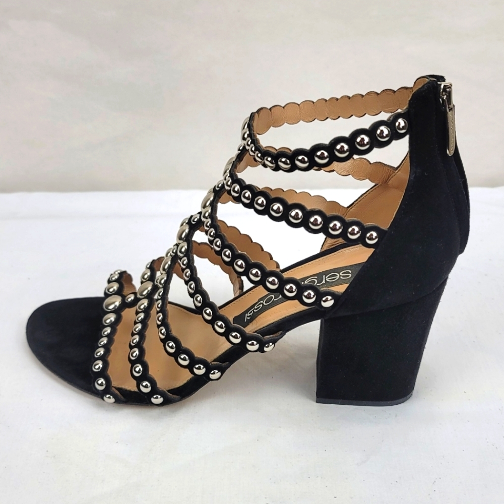 Sergio Rossi Black Strappy Studs Block Heels Sandals size 39 - Picture 2 of 11